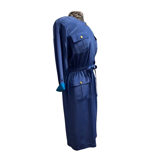 Vintage 90s Dress‎ Leslie Fay Midi Belt Pockets Satin Blue Retro Long Sleeves 10 - Picture 15 of 16
